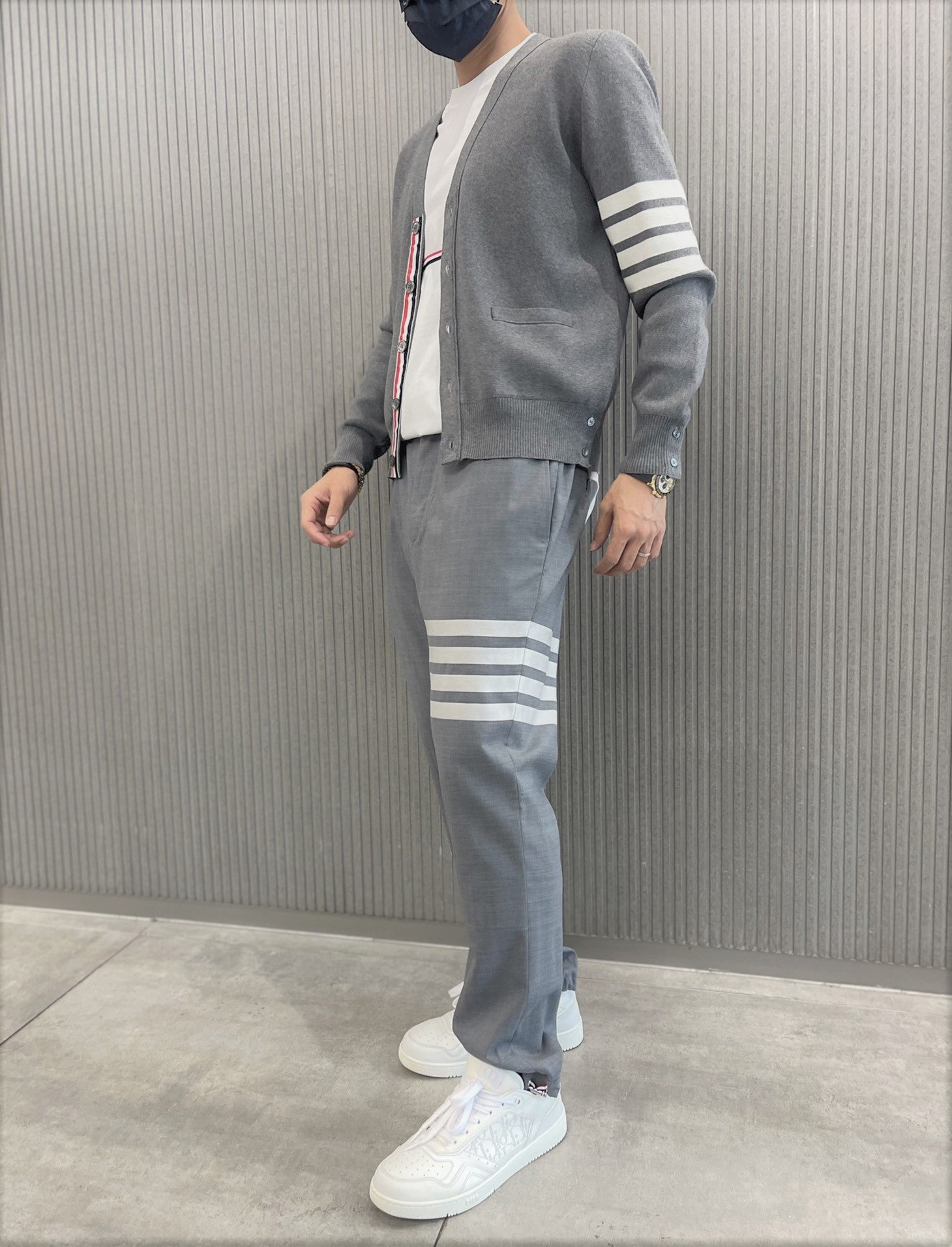 Thom Browne Light Grey Merino Wool V-Neck 4-Bar Cardigan – Blank Room