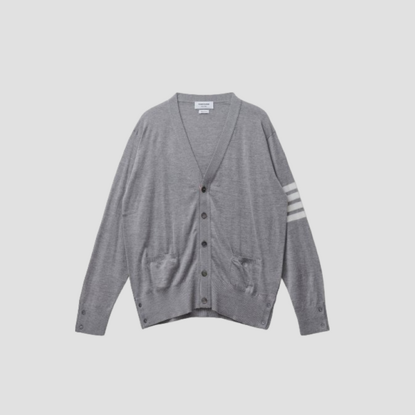THOM BROWNE LIGHT GREY FINE MERINO WOOL V-NECK 4-BAR CARDIGAN MKC002A00014058
