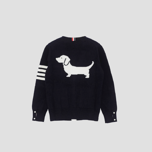 THOM BROWNE NAVY COTTON 4-BAR HECTOR V-NECK CARDIGAN FKC564A-Y3017-415