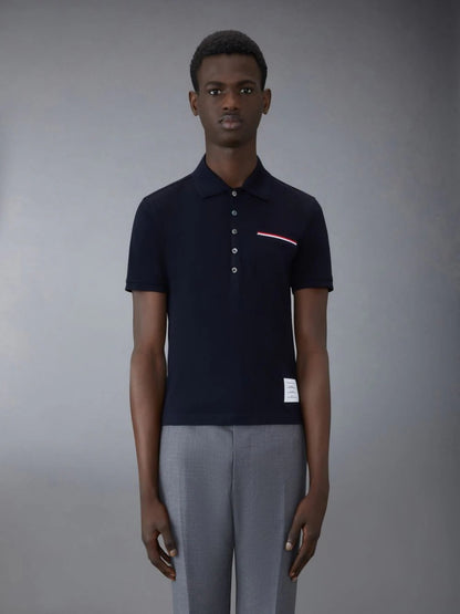 mẫu mặc áo THOM BROWNE NAVY PIQUE POCKET POLO MJP022A-01455-415