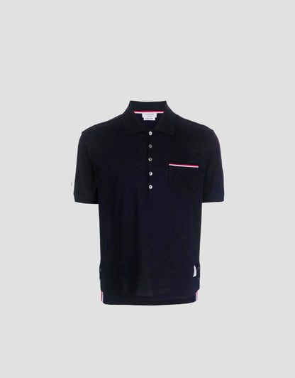 THOM BROWNE NAVY PIQUE POCKET POLO MJP022A-01455-415