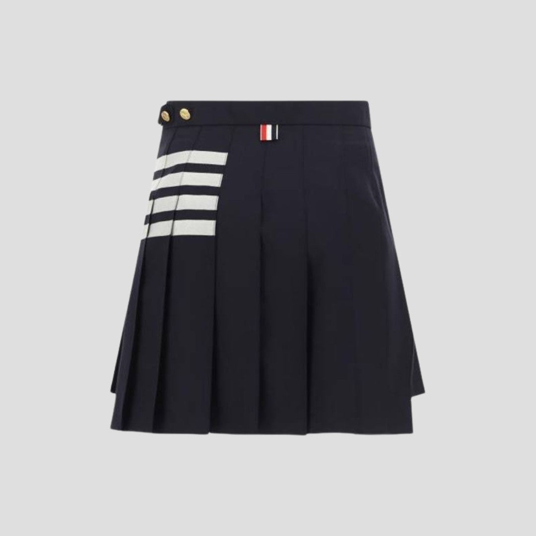 mặt sau THOM BROWNE NAVY PLAIN WEAVE 4-BAR PLEATED MINI SKIRT FGC402V-06146-415