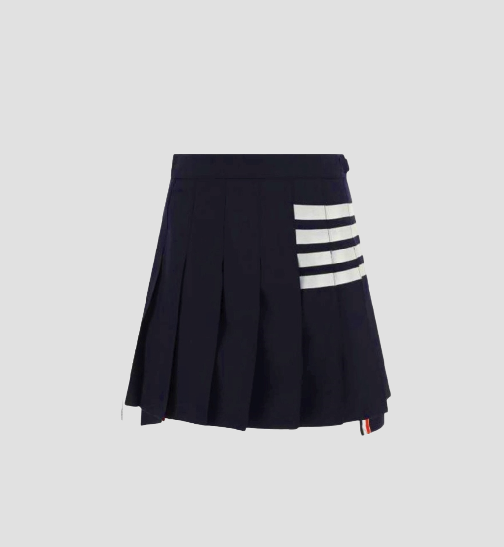 THOM BROWNE NAVY PLAIN WEAVE 4-BAR PLEATED MINI SKIRT FGC402V-06146-415