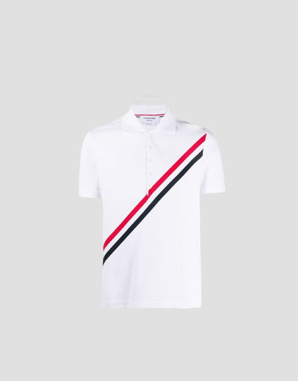 THOM BROWNE WHITE COTTON PIQUE PRINTED MULTICOLOR DIAGONAL STRIPE POLO MJP121A00050100