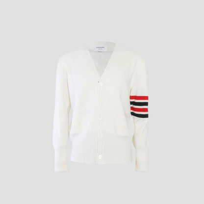 THOM BROWNE WHITE MILANO STITCH FINE MERINO WOOL 4-BAR V-NECK CARDIGAN MKC160A00014100