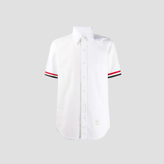 Thom Browne White Straight Fit Oxford Short Sleeve Shirt with RWB Grosgrain Cuffs MWS245A-F0313-100