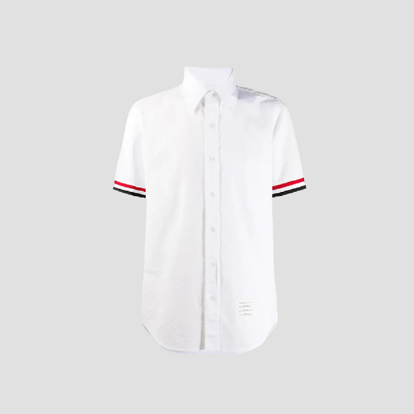 Thom Browne White Straight Fit Oxford Short Sleeve Shirt with RWB Grosgrain Cuffs MWS245A-F0313-100