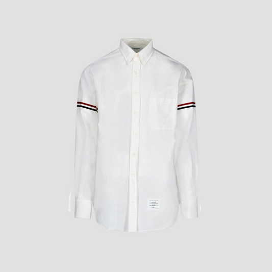 THOM BROWNE WHITE OXFORD STRIPED GROSGRAIN ARMBAND CLASSIC SHIRT MWL150E06177100