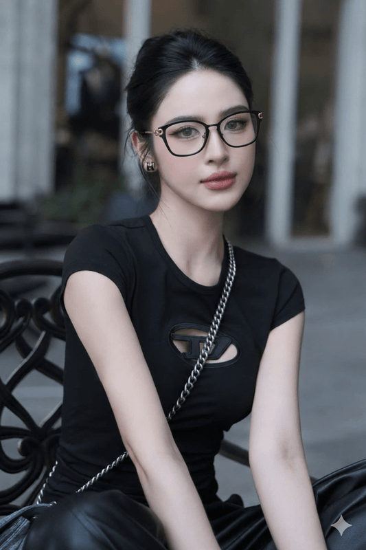 Woman wearing Tiffany & Co TF2266 8001 Eyeglasses and a black outfit with a chain detail, sitting outdoors.