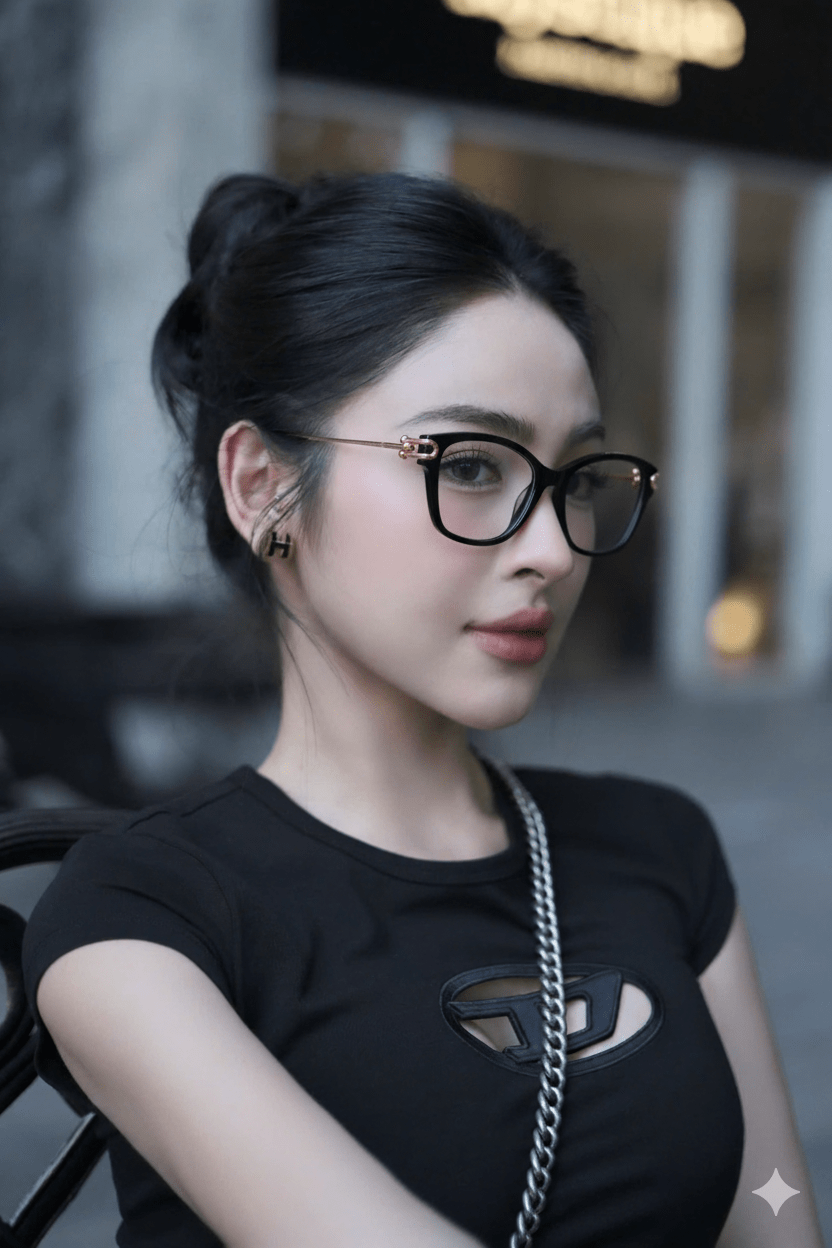 Woman wearing Tiffany & Co TF2266 8001 Eyeglasses and a black top with a blurred background