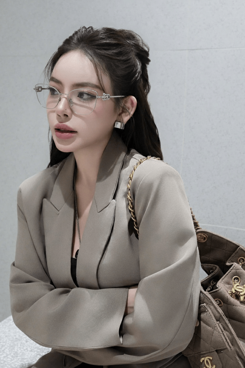 Woman wearing Tiffany TF1166 6001 Silver Eyeglasses and a beige suit with a handbag against a gray background