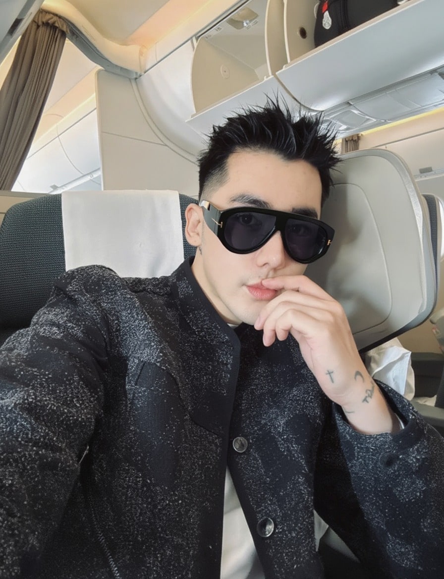 Person wearing Tom Ford Bronson FT1044 01A Sunglasses and a patterned jacket inside a vehicle.