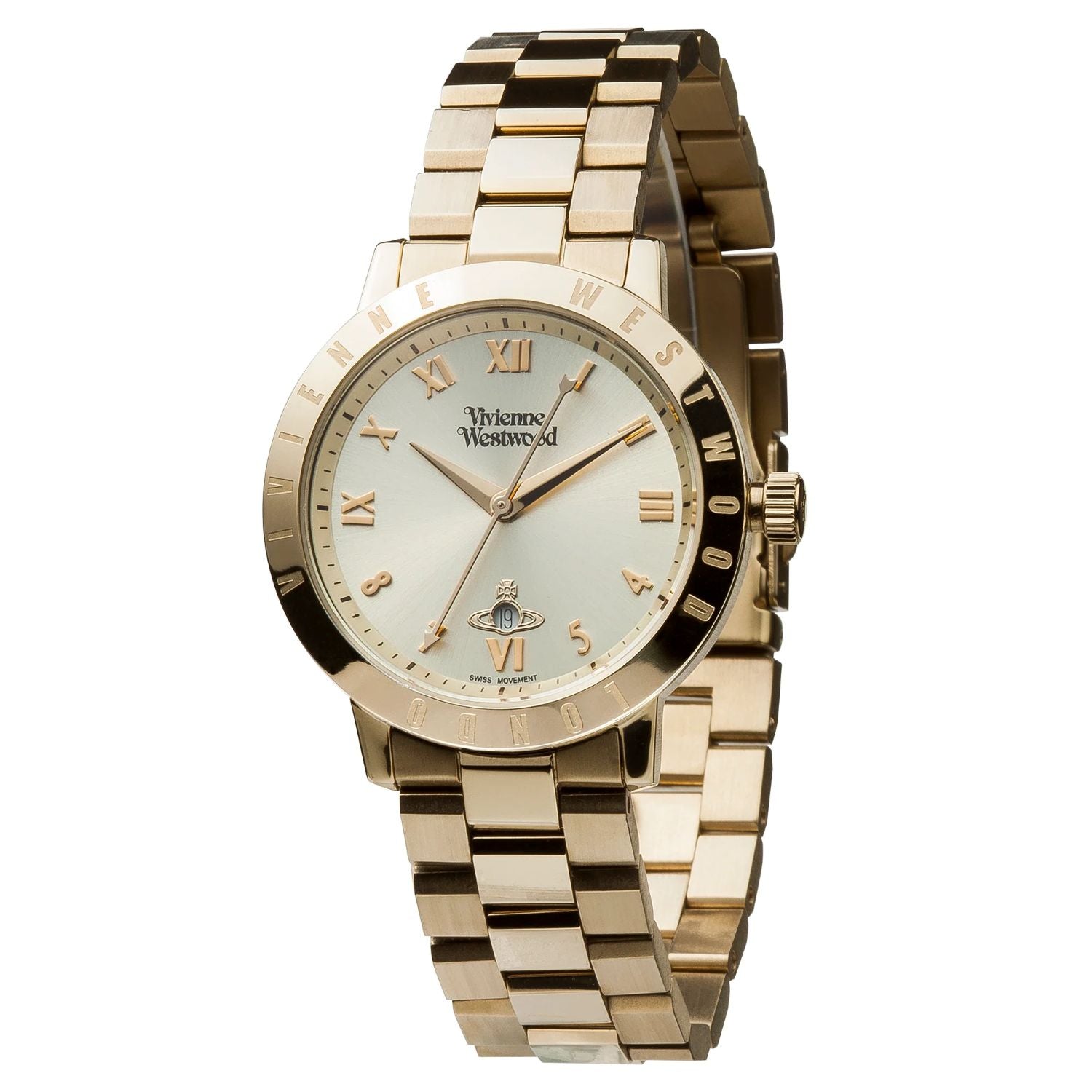 Vivienne Westwood Bloomsbury Gold Watch vv152gdgd with a sliver face on a white background