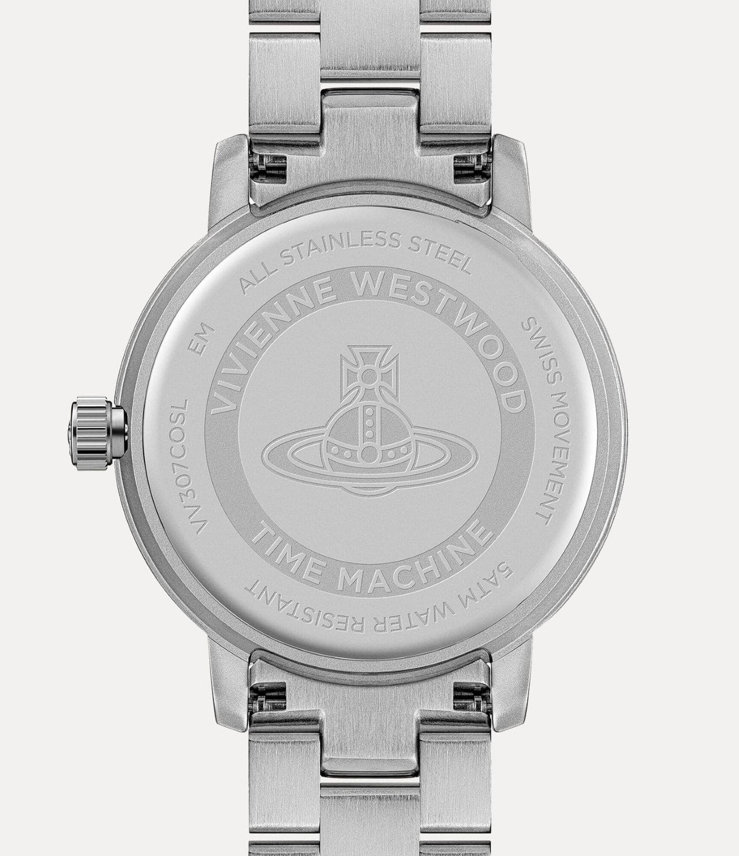 behind Vivienne Westwood Dulwich Pink Dial Silver Watch vv307cosl with brand logo on a white background