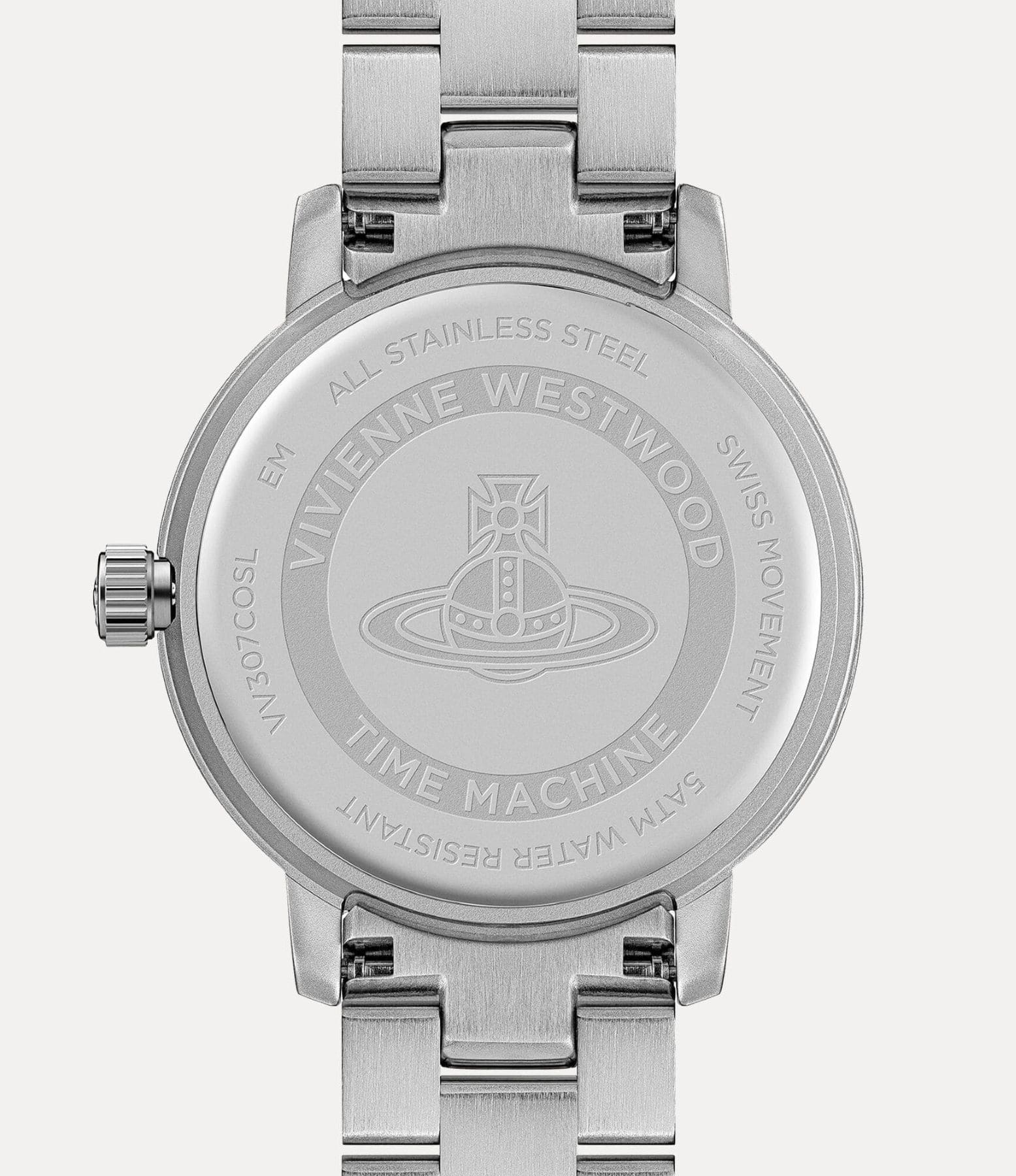 behind Vivienne Westwood Dulwich Pink Dial Silver Watch vv307cosl with brand logo on a white background