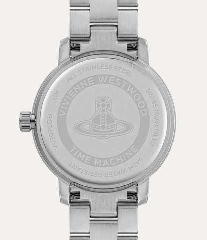 behind Vivienne Westwood Dulwich Pink Dial Silver Watch vv307cosl with brand logo on a white background