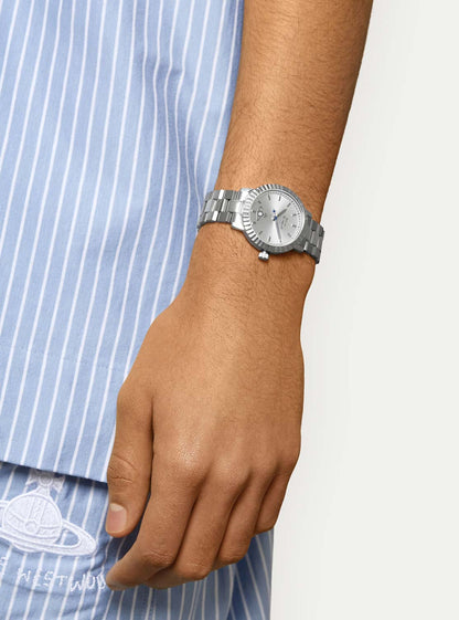 Vivienne Westwood Dulwich Silver Watch vv307slsl on a wrist with a blue striped shirt