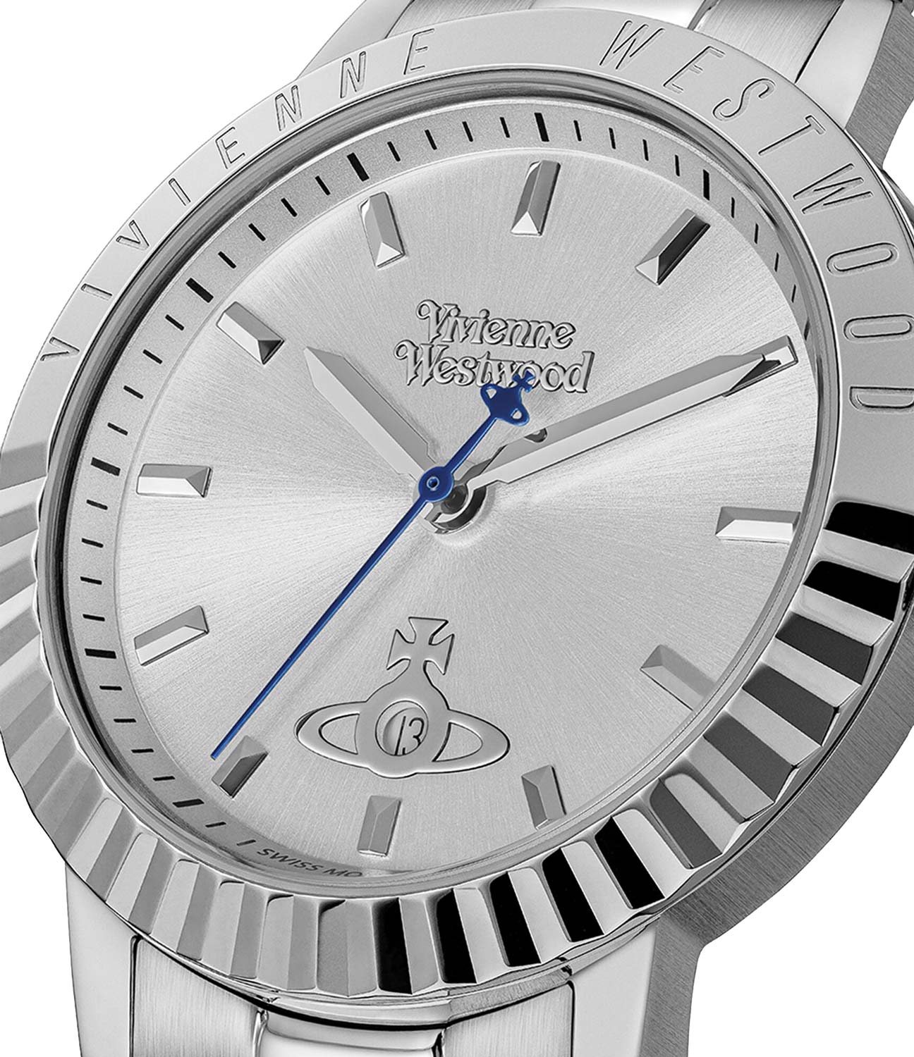 Vivienne Westwood Dulwich Silver Watch vv307slsl with blue hands and 'Vivienne Westwood' branding on a white background