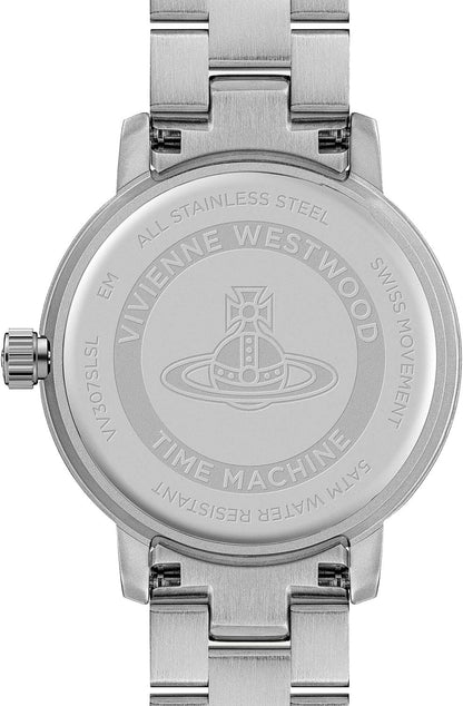 behind Vivienne Westwood Dulwich Silver Watch vv307slsl with brand logo on a white background