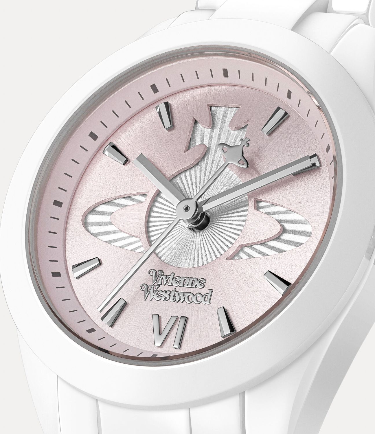 Close-up Vivienne Westwood Fenchurch Ceramica Pink White Watch vv358lpkwh 8050164232122 on a light gray background