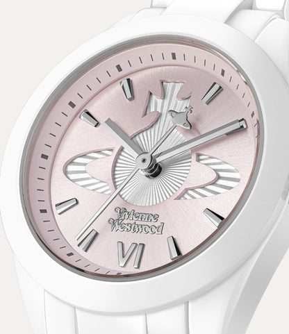 Close-up Vivienne Westwood Fenchurch Ceramica Pink White Watch vv358lpkwh 8050164232122 on a light gray background