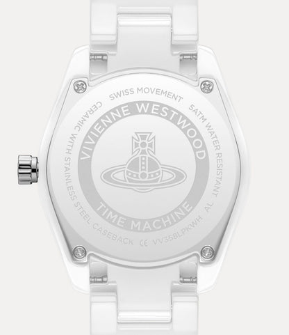 Behind Fenchurch Ceramica Pink White Watch vv358lpkwh 8050164232122 with 'Vivienne Westwood' branding on a white background