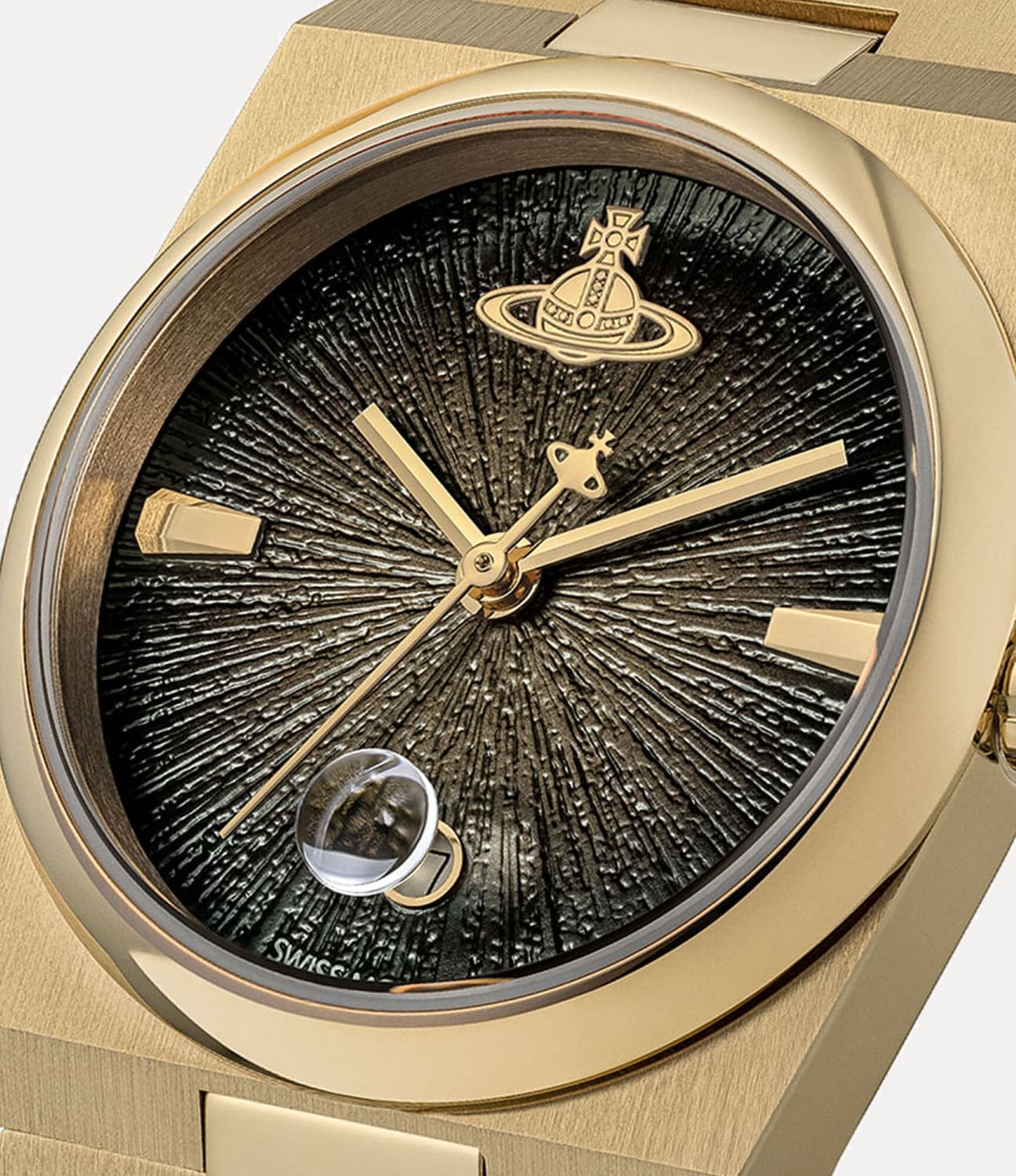 Gold watch with a black textured face on a white background