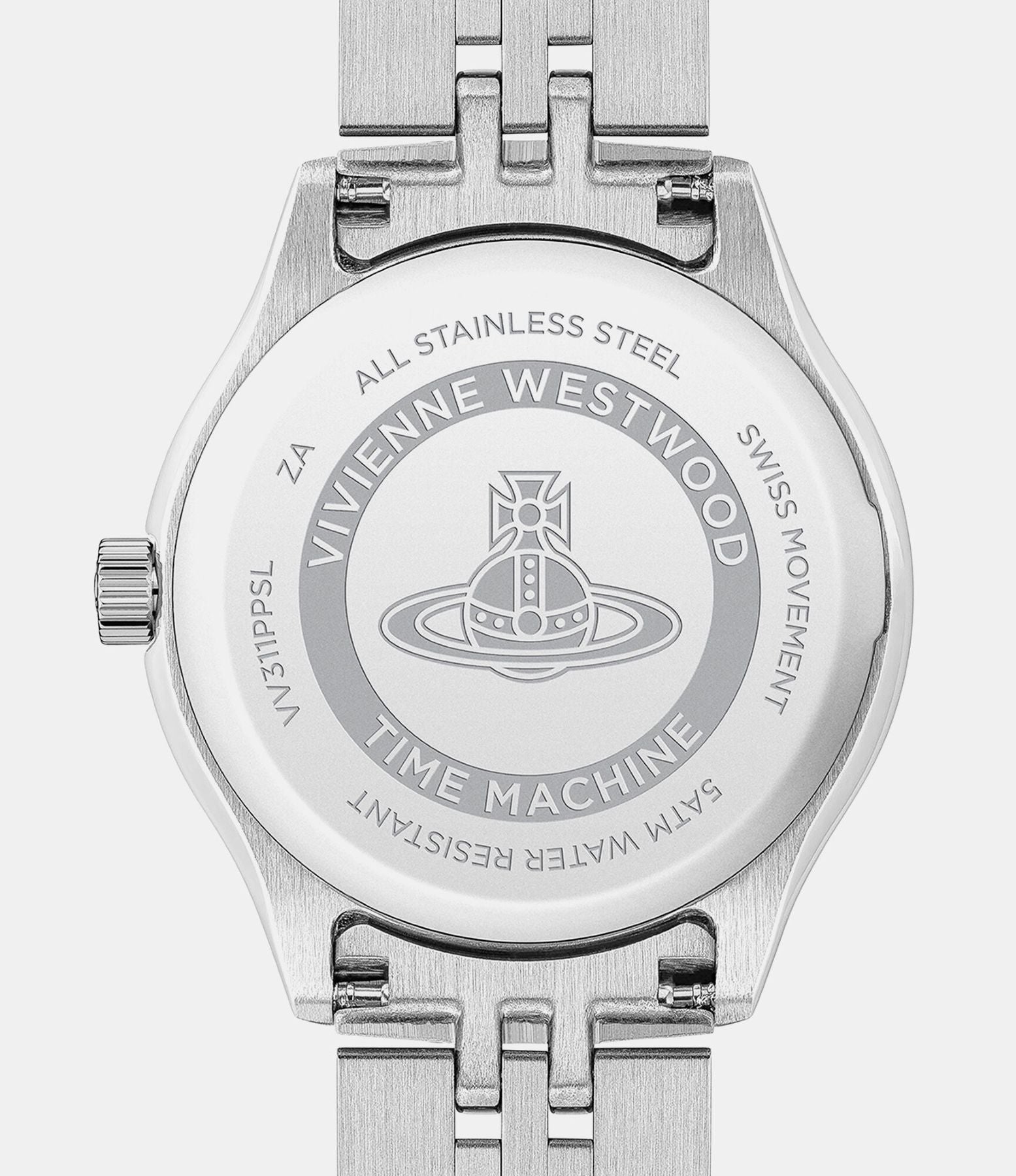 Vivienne Westwood Little Camberwell Purple Dial Silver Watch vv311ppsl with engraved text on a white background