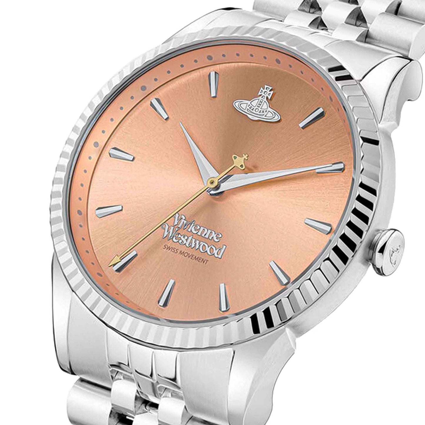 Vivienne Westwood Little Seymour Peach Dial Silver Watch VV240PHSL with a rose gold face on a white background