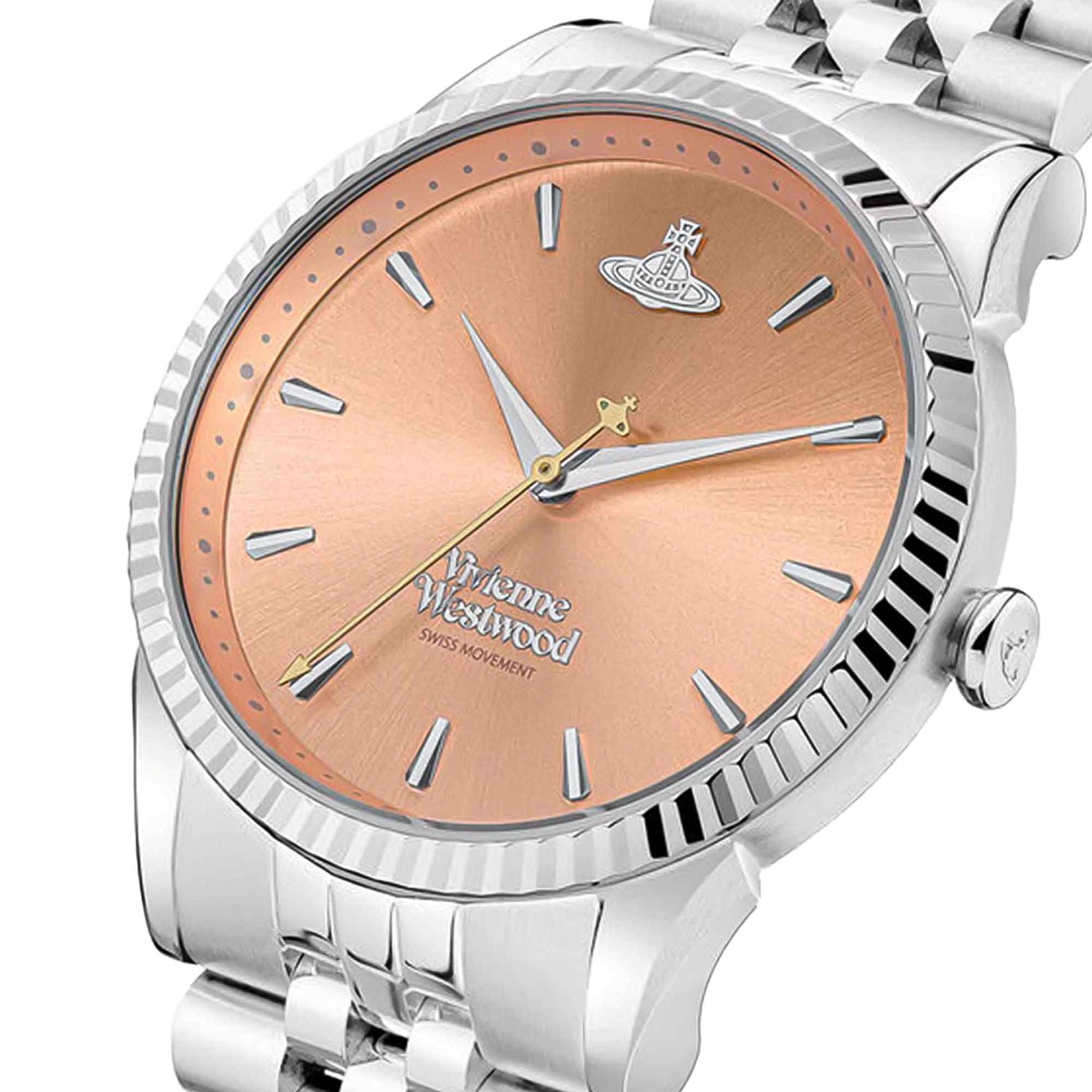 Vivienne Westwood Little Seymour Peach Dial Silver Watch VV240PHSL with a rose gold face on a white background