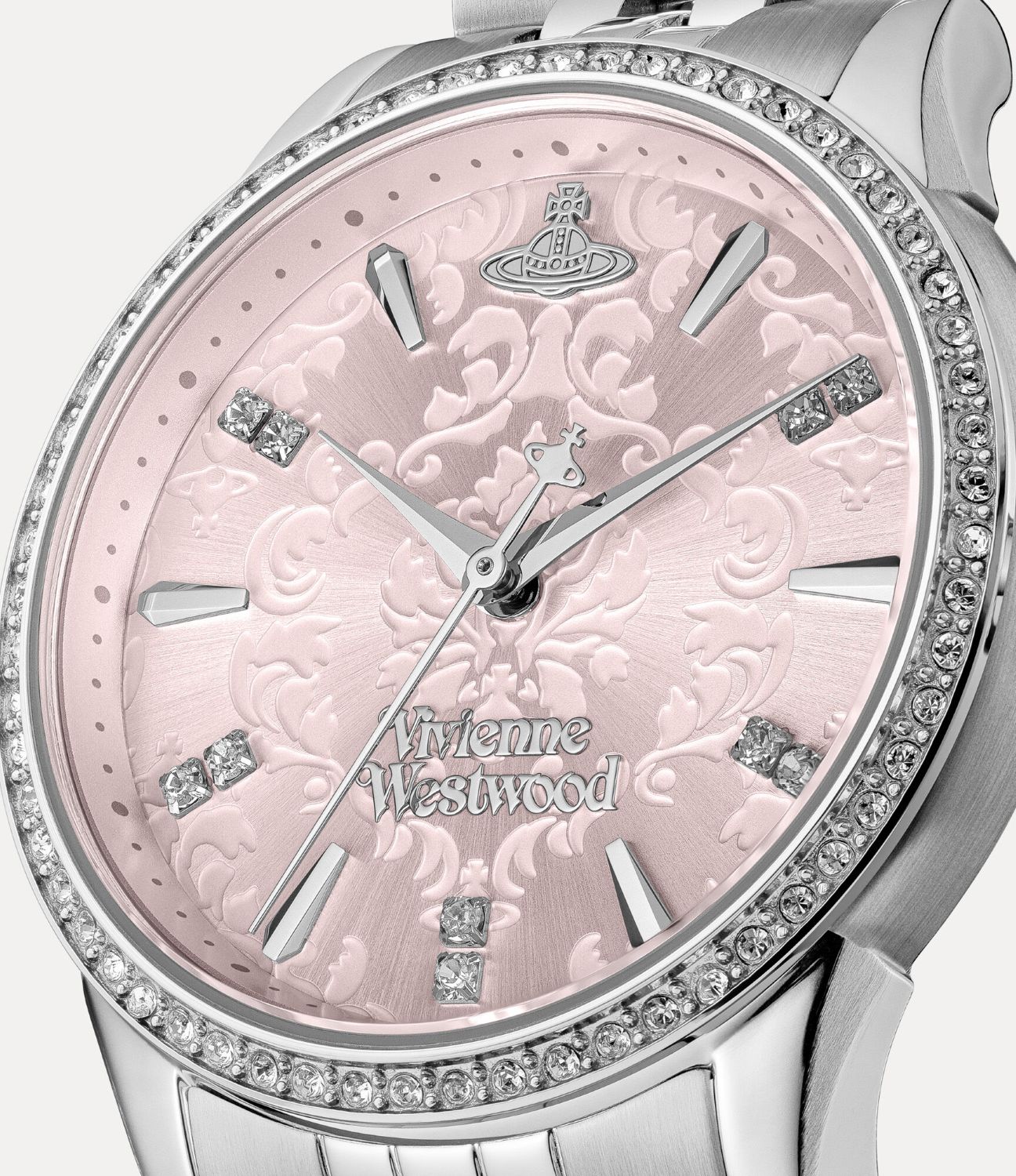 Little Wallace Watch VV327PKSL 8050164232023 pink face and silver case featuring Vivienne Westwood logo