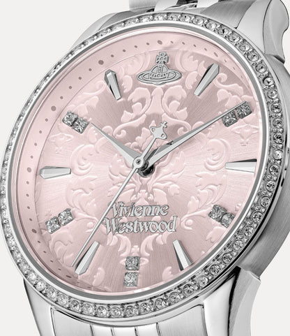 Little Wallace Watch VV327PKSL 8050164232023 pink face and silver case featuring Vivienne Westwood logo