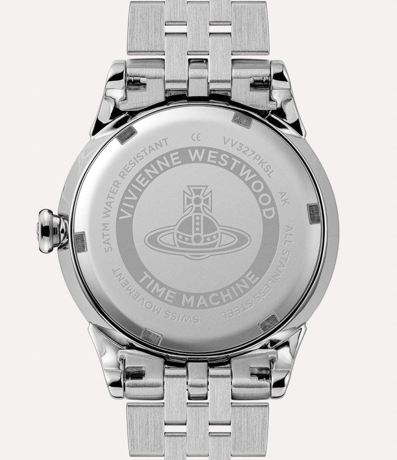 Behind Vivienne Westwood Little Wallace Silver Pink Watch VV327PKSL 8050164232023 with brand engraving on a white background
