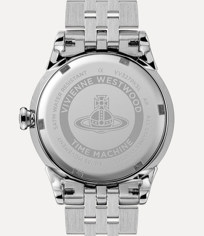 Behind Vivienne Westwood Little Wallace Silver Pink Watch VV327PKSL 8050164232023 with brand engraving on a white background