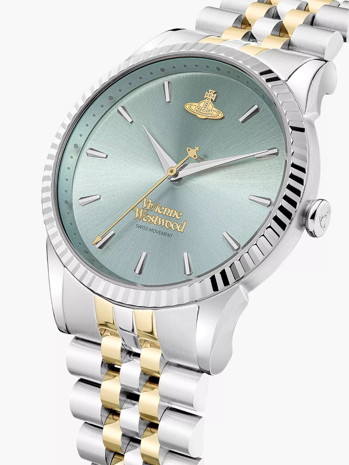 Vivienne Westwood Seymour Blue Dial vv240lgrsg with silver and gold band on a white background