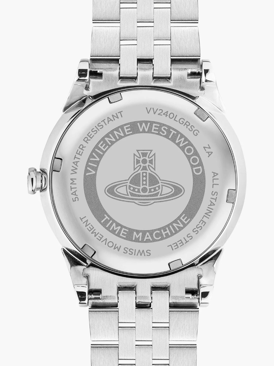 behind Vivienne Westwood Seymour Blue Dial Silver Watch vv240lgrsg with brand engraving on a white background