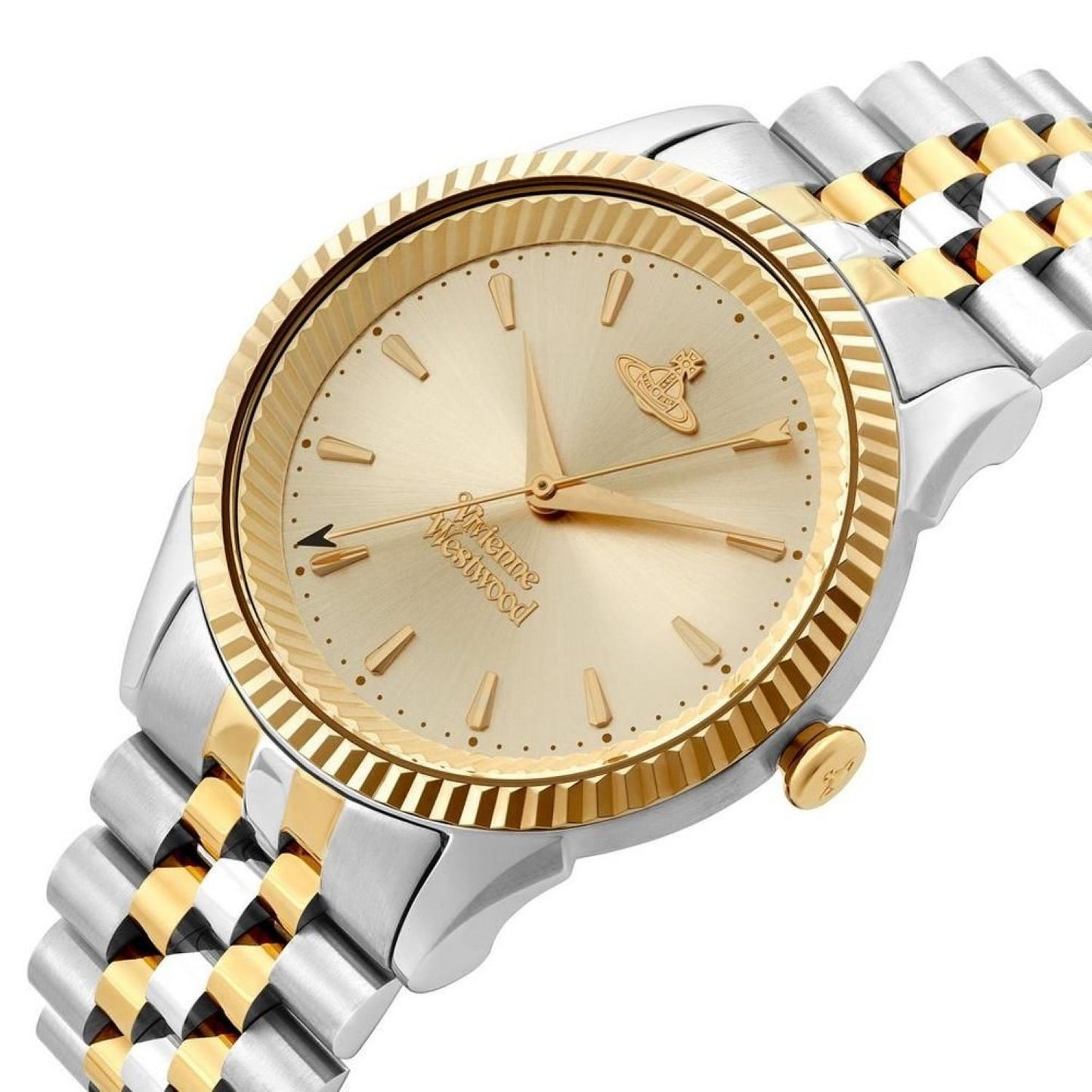 Two-tone Vivienne Westwood Seymour Champagne Dial Silver Watch VV240CPSG watch with gold and silver band on a white background