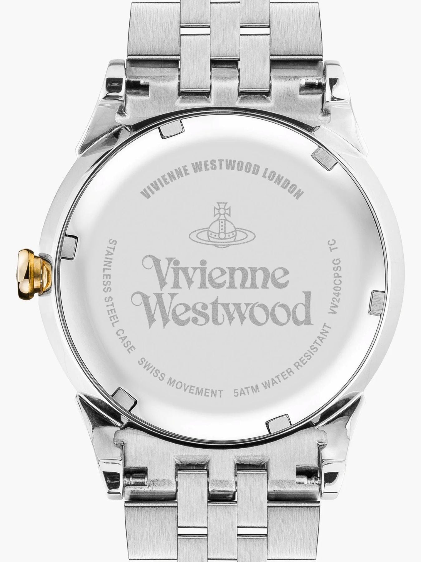 behind Vivienne Westwood Seymour Champagne Dial Silver Watch VV240CPSG with branding on a white background