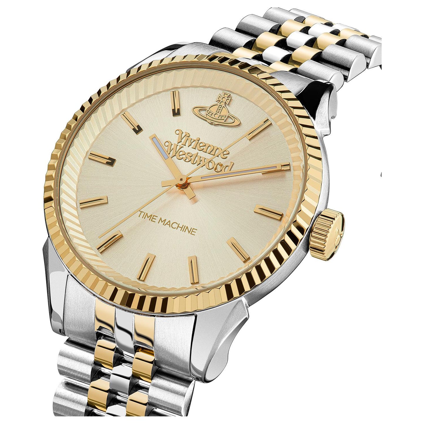 Vivienne Westwood Seymour Homme Champagne Dial Silver Watch VV242CMSG watch with gold and silver band on a white background