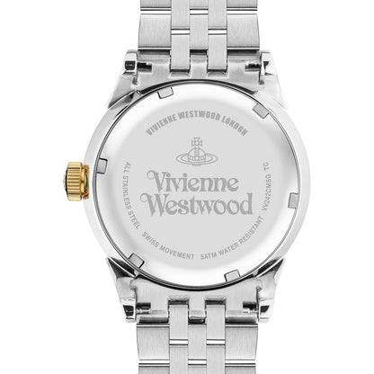 Behind Vivienne Westwood Seymour Homme Champagne Dial Silver Watch VV242CMSG with brand engraving on a white background