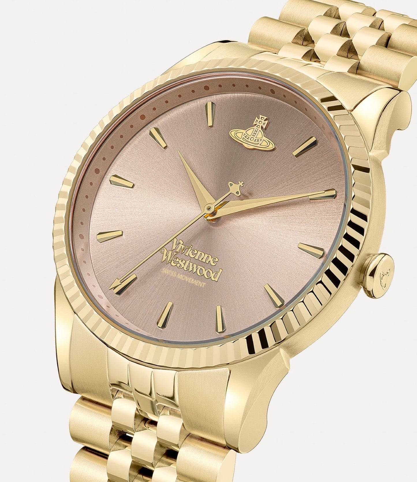 Vivienne Westwood Seymour Rose Dial Gold Watch vv240pkgd with a pinkish face on a light gray background
