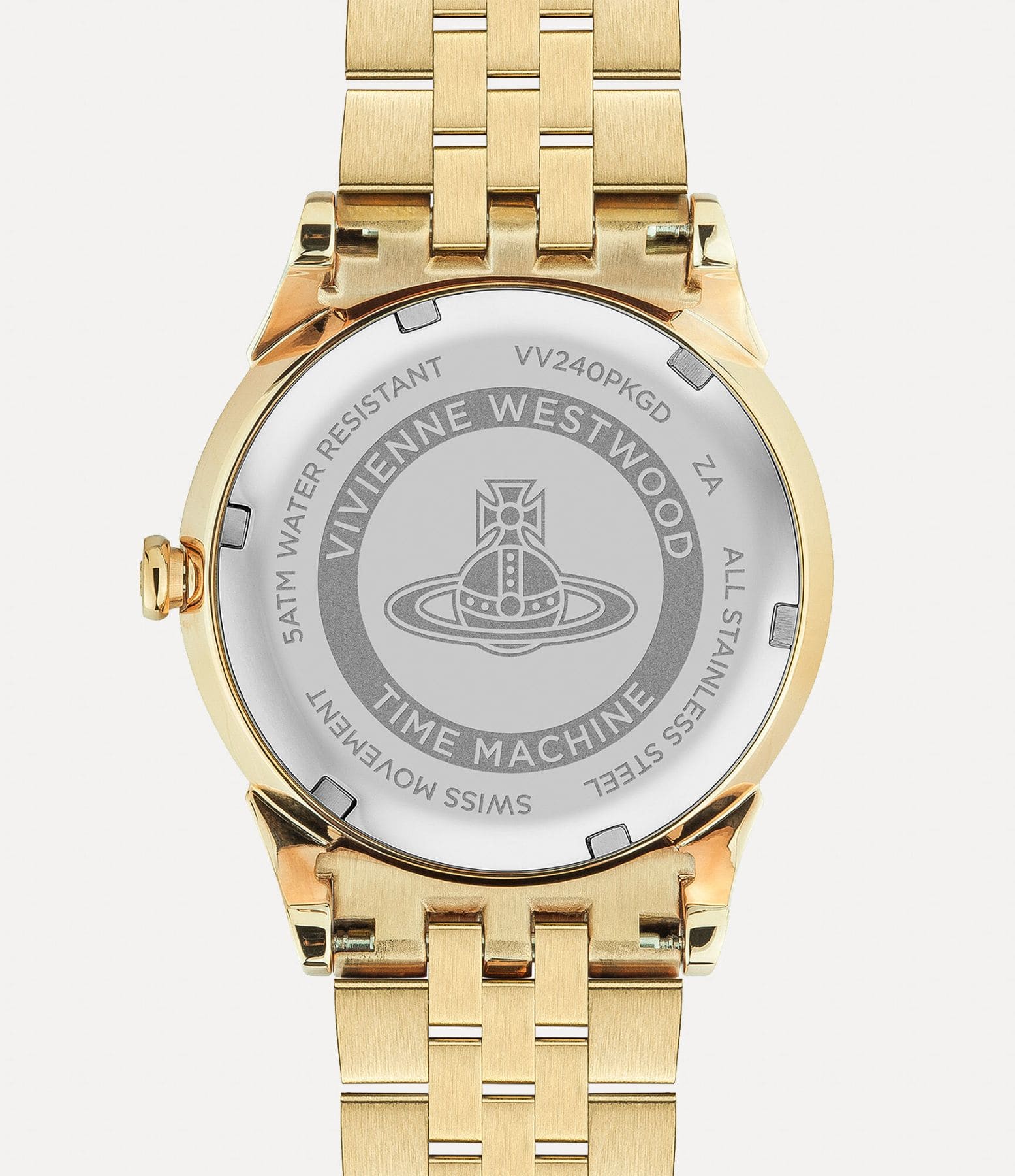 behind Vivienne Westwood Seymour Rose Dial Gold Watch vv240pkgd with visible brand logo on a white background
