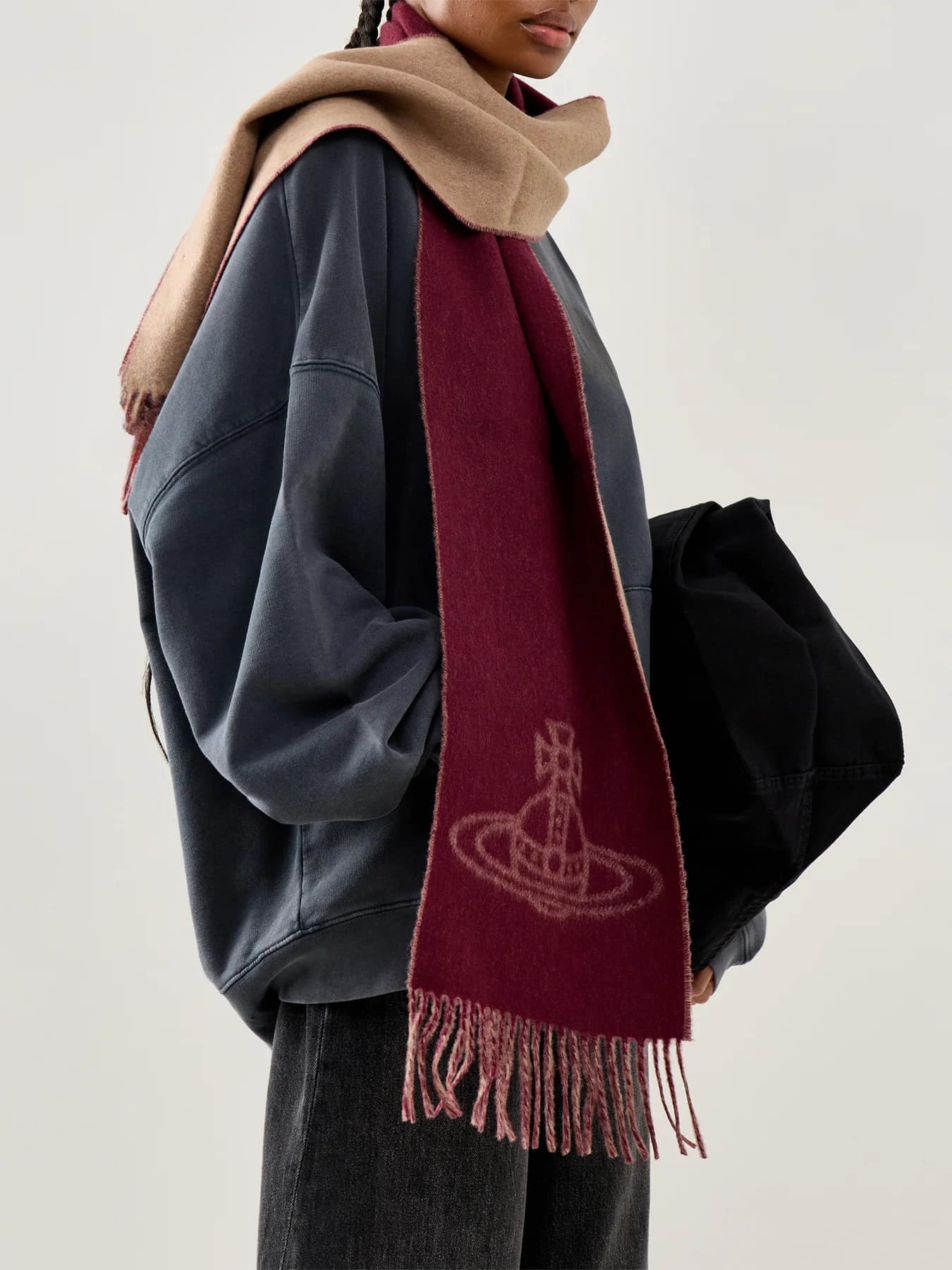 wearing Vivienne Westwood Single Orb Double Scarf Camel 81030006-W00ZH-C406 8053195325931