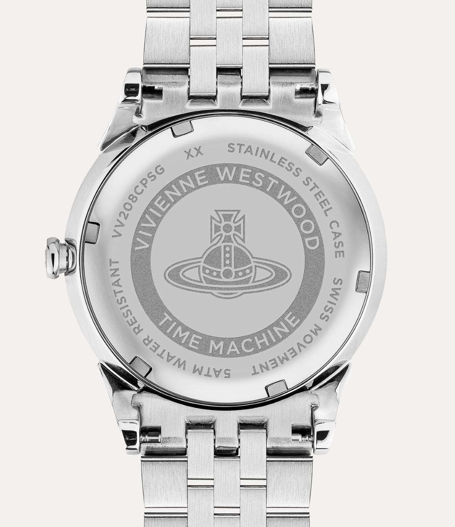 behind Vivienne Westwood Wallace Watch Gold Dial Silver Watch VV208CPSG with brand engraving on a white background