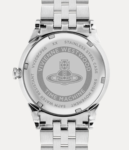 behind Vivienne Westwood Wallace Watch Gold Dial Silver Watch VV208CPSG with brand engraving on a white background