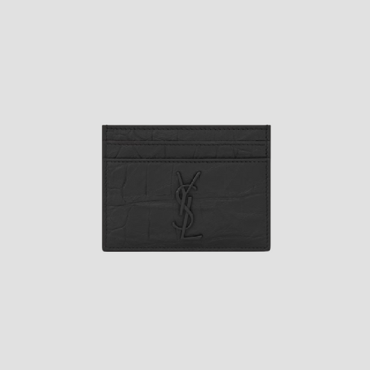 Saint Laurent Black Cassandre Card Case in Crocodile-Embossed Leather 485631C9H0U1000