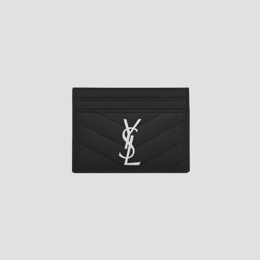 Saint Laurent Silver Cassandre Matelassé Card Case in Grain de Poudre Leather 423291bow021000