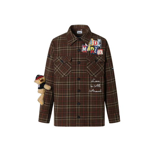 13DE MARZO CLIPPING LOGO PLAID WOOLEN SHIRT BROWN