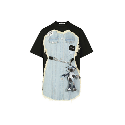13DE MARZO DENIM PATCHWORK T-SHIRT BLACK