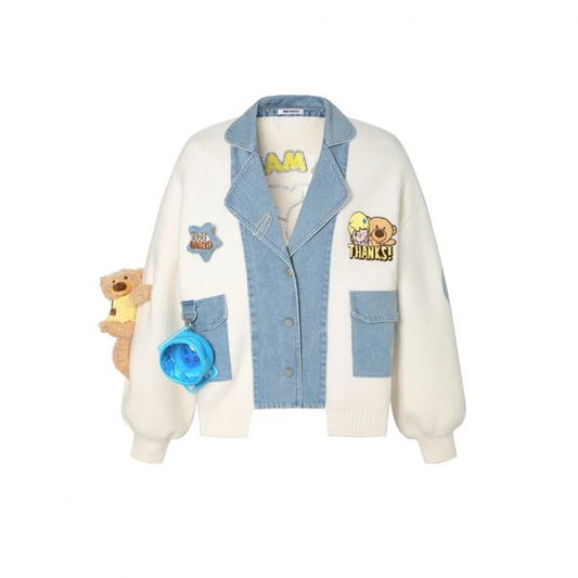 13 DE MARZO X POP MART SWEET BEAN BEAR PUFF SLEEVE CARDIGAN WHITE